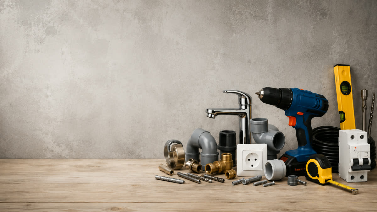 Plumbing fittings, a cordless drill, a socket, a circuit breaker and hand tools on a workbench